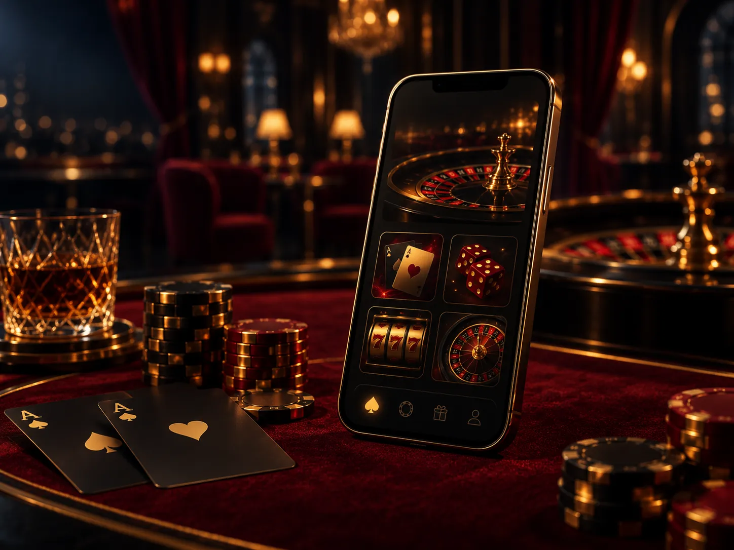 Phone displaying slot reels in a casino lounge