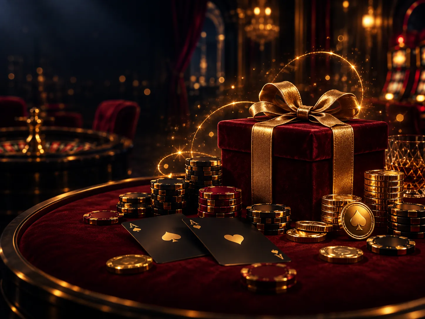 Gift box and gold coins on a casino table