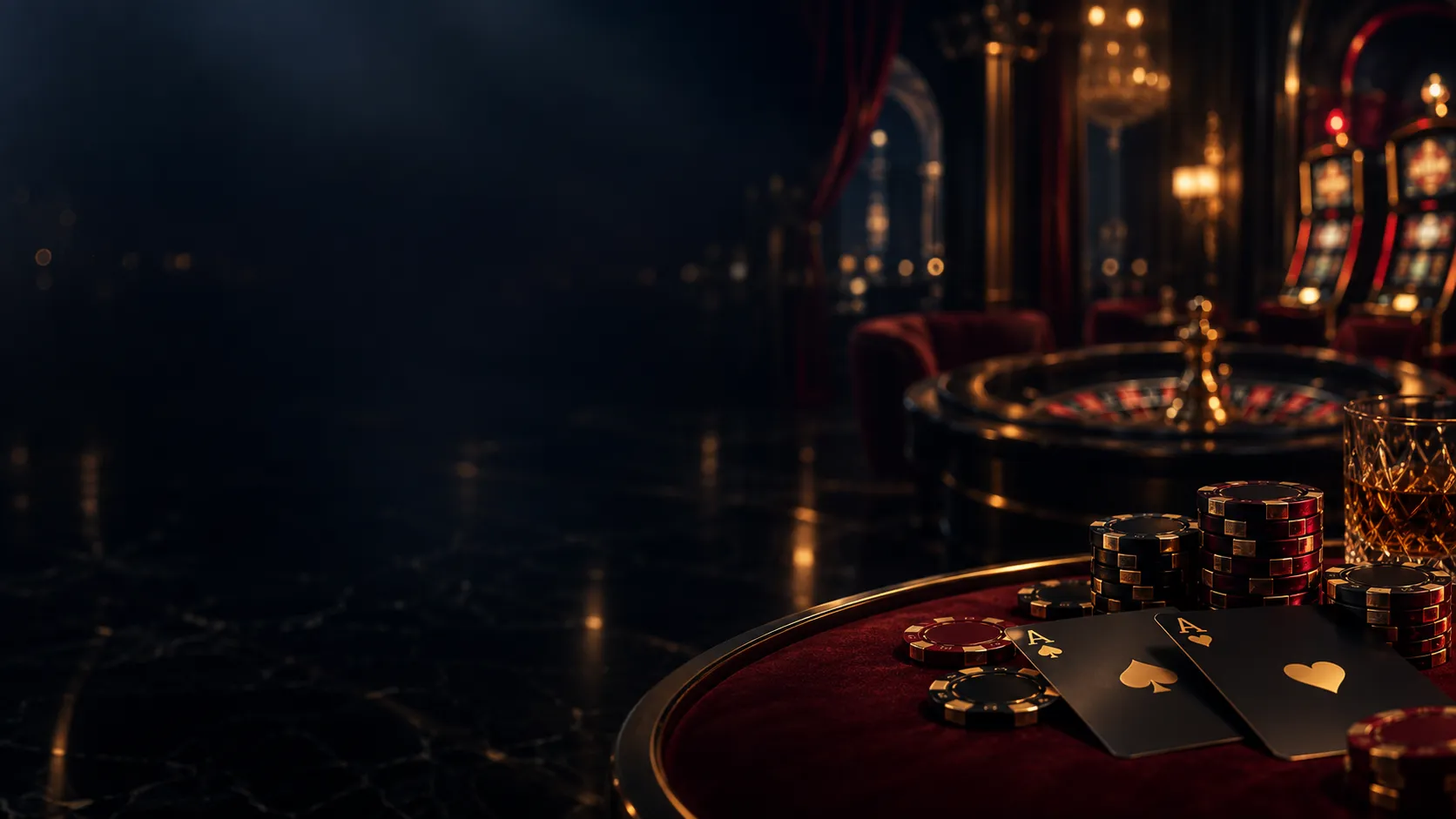 Dark casino lounge with roulette tables and gold lighting